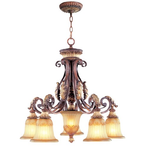0100056321736 - LIVEX LIGHTING 8575-63 VILLA VERONA 5 LIGHT VERONA BRONZE FINISH CHANDELIER WITH AGED GOLD LEAF ACCENTS AND RUSTIC ART GLASS