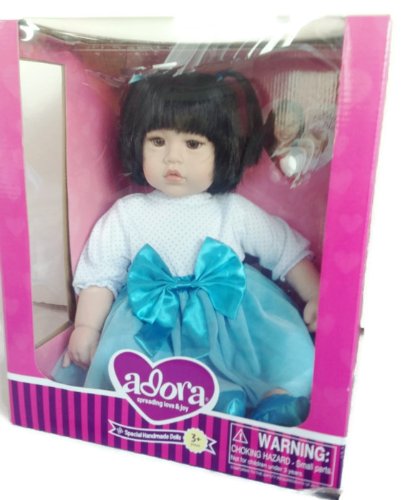0010475995046 - ADORA DOLL HANDMADE WITH LOVE -BLACK HAIR WITH BROWN EYES - TURQUOIS AND WHITE DRESS #99506