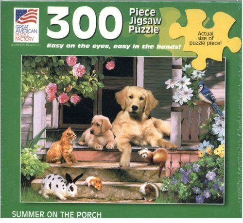0010563003523 - 300 PIECE PUZZLE - SUMMER ON THE PORCH BY ARTIST HOWARD ROBINSON FEATURES A VARIETY OF ANIMALS LOUNGING TOGETHER ON A FRONT PORCH INCLUDING GOLDEN RETRIEVERS, CAT, BUNNY RABBIT, BLUE JAY AND OTHERS