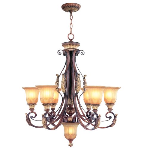 0010972712320 - LIVEX LIGHTING 8576-63 VILLA VERONA 6 LIGHT VERONA BRONZE FINISH CHANDELIER WITH AGED GOLD LEAF ACCENTS AND RUSTIC ART GLASS