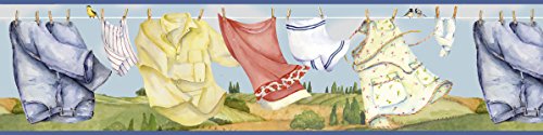 0010976051210 - WALLPAPER BORDER CLOTHESLINE LAUNDRY WITH BIRDS AND TREES BLUE WITH BLUE TRIM