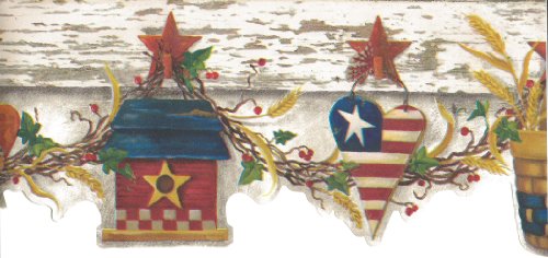 0010976081217 - WALLPAPER BORDER PATRIOTIC COUNTRY HEARTS BASKETS ANGELS STARS ON OFF WHITE TRIM