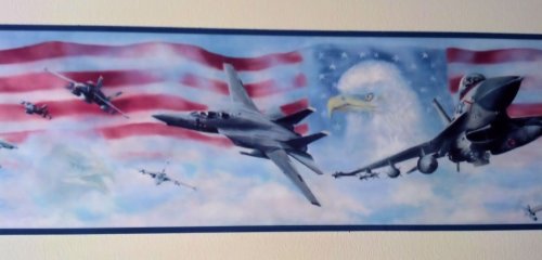 0010976920011 - WALLPAPER BORDER AIR FORCE JET FIGHTERS AMERICAN FLAG & EAGLE WITH BLUE TRIM