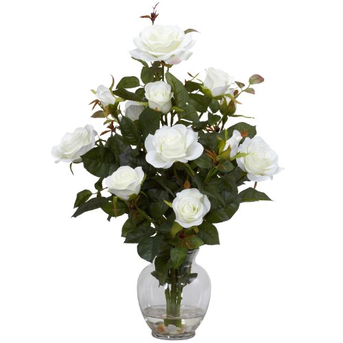 0110709823371 - NEARLY NATURAL 1281-WH ROSE BUSH WITH VASE SILK FLOWER ARRANGEMENT, WHITE