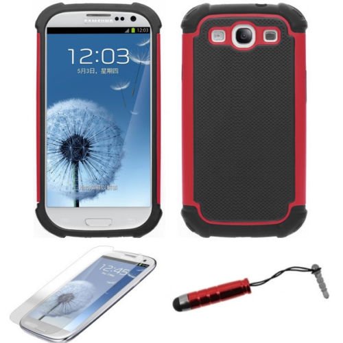 0110943276018 - SAMSUNG GALAXY S3 CASE,DUAL LAYER HYBRID SHOCK PROOF SHATTERPROOF CASE WITH SCREEN PROTECTOR AND STYLUS PEN FOR SAMSUNG GALAXY S3 (RED)