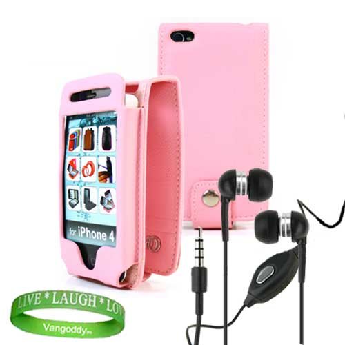 0011110809483 - APPLE IPHONE 4 LEATHER CASE ACCESSORIES KIT: PINK MELROSE LEATHER FLIP CASE + BLACK IPHONE 4 EARPHONES WITH MICROPHONE + LIVE * LAUGH * LOVE VG SILICONE WRIST BAND!!!