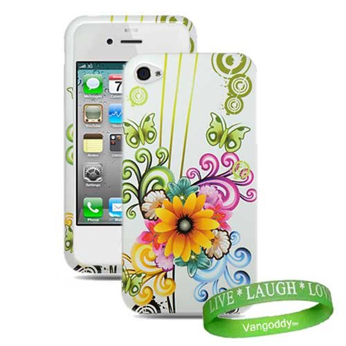 0011110847300 - QUALITY BUTTERFLY & WHITE FLOWER COOL DESIGN HARD SNAP ON CRYSTAL CASE FOR APPLE IPHONE 4 (16GB OR 32GB FLASH DRIVE) + VG BRAND LIVE * LAUGH * LOVE WRIST BAND!!!