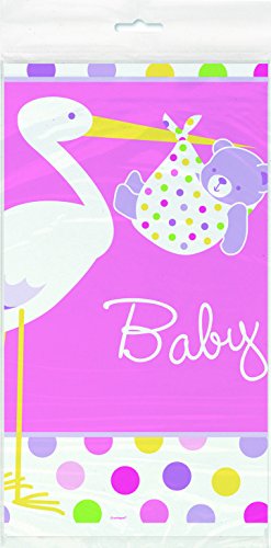 0011179471935 - PINK STORK BABY SHOWER PLASTIC TABLECLOTH, 84 X 54