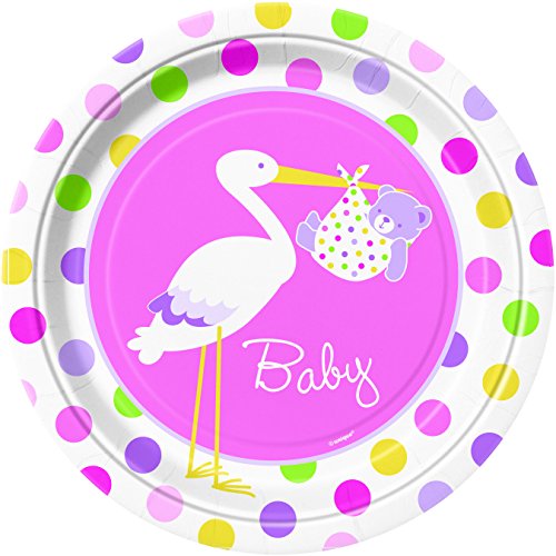 0011179471959 - PINK STORK BABY SHOWER DINNER PLATES, 8CT