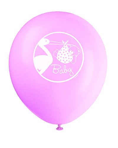 0011179472055 - 12 LATEX PINK STORK BABY SHOWER BALLOONS, 8CT