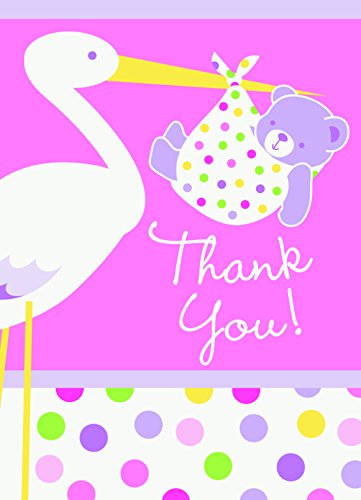 0011179472154 - PINK STORK BABY SHOWER THANK YOU NOTES, 8CT