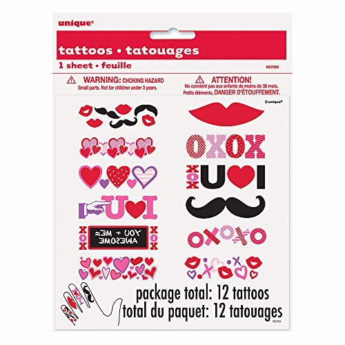 0011179625963 - UNIQUE 12 COUNT LOVE & HEARTS VALENTINE'S DAY FINGER TATTOOS, RED/PINK