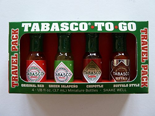 0011210003255 - TABASCO - TO-GO - TRAVEL PACK (PACK OF 4 MINI TABASCO BOTTLES) ORIGINAL RED - GREEN JALAPENO - CHIPOTLE - BUFFALO STYLE (1/8 FL OZ. EACH)