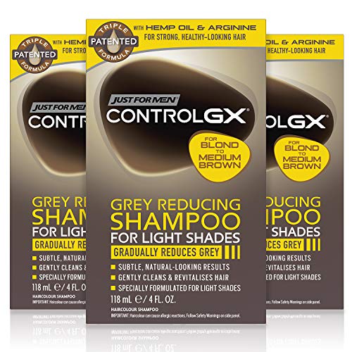 0011509045423 - JUST FOR MEN CONTROL GX GREY REDUCING SHAMPOO, FOR LIGHTER SHADES OF HAIR FROM BLONDE TO MEDIUM BROWN, 4 OUNCE, PACK OF 3