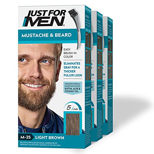 0011509049193 - JUST FOR MEN MUSTACHE & BEARD, BEARD DYE FOR MEN WITH BRUSH INCLUDED FOR EASY APPLICATION, WITH BIOTIN ALOE AND COCONUT OIL FOR HEALTHY FACIAL HAIR - LIGHT BROWN, M-25, PACK OF 3