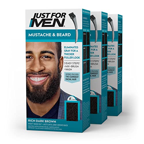 0011509049254 - JUST FOR MEN MUSTACHE & BEARD, BEARD COLORING FOR GRAY HAIR WITH BRUSH INCLUDED FOR EASY APPLICATION, WITH BIOTIN ALOE AND COCONUT OIL FOR HEALTHY FACIAL HAIR - RICH DARK BROWN, M-47 (PACK OF 3)