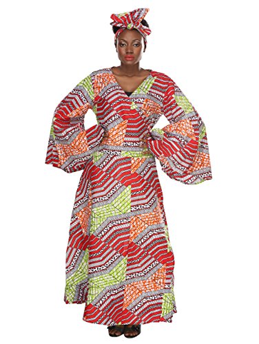 0011542387337 - AFRICAN PLANET WOMEN'S V-NECK WRAP AROUND DRESS PRINTED WAX BELL SLEEVES