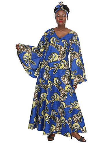 0011542387382 - AFRICAN PLANET WOMEN'S PAISLEY BELL SLEEVES WRAP AROUND DRESS TIE AFRICA PRINT