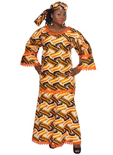 0011542387658 - AFRICAN PLANET WOMEN'S KENTE INSPIRED WAX PRINT CAFTAN WITH LACE BORDERS ORANGE