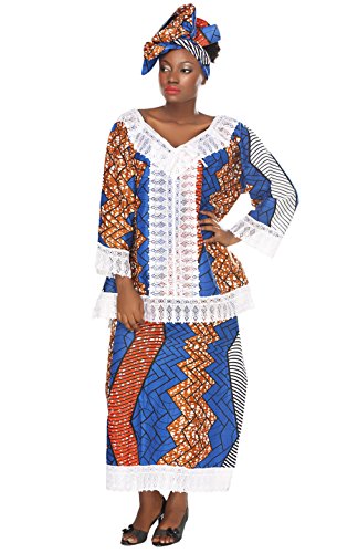 0011542387825 - AFRICAN PLANET WOMEN'S 3 PIECE SET KENYA SENGAL INSPIRED BLUE PRINT BLOUSE GELE