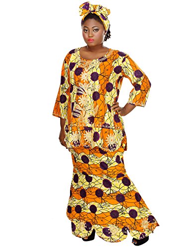 0011542387917 - AFRICAN PLANET WOMEN'S CHURCH OUTFIT SUPER WAX FABRIC ANKARA GOLD YELLOW TREES