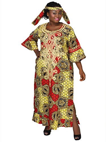 0011542388020 - AFRICAN PLANET WOMEN MAXI CAFTAN DRESS PENTAGON PRINTED NIGERIAN CULTURE YELLOW