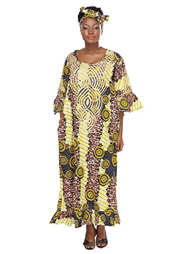 0011542388174 - AFRICAN PLANET WOMEN'S ROUND NECK MAXI CAFTAN DRESS BELL SLEEVES GELE HEADWRAP