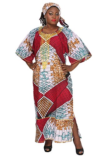 0011542388389 - AFRICAN PLANET WOMEN'S GOLD EMBROIDERED RED MAXI CAFTAN DRESS AFRO-CENTRIC