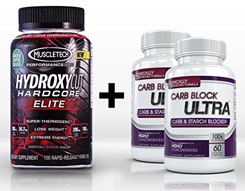 0011711883783 - HYDROXYCUT HARDCORE ELITE (100 CAPSULES) & CARB BLOCK ULTRA (2 BOTTLES 60 CAPSULES EACH) - HIGH PERFORMANCE SYNERGISTIC WEIGHT LOSS AND FAT BURNING SUPPLEMENT PACKAGE