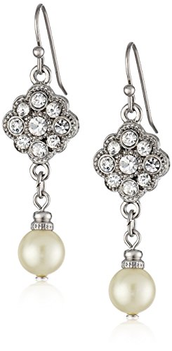 0011996233723 - 1928 JEWELRY BRIDAL CRYSTAL SILVER-TONE CRYSTAL AND SIMULATED PEARL DROP EARRINGS