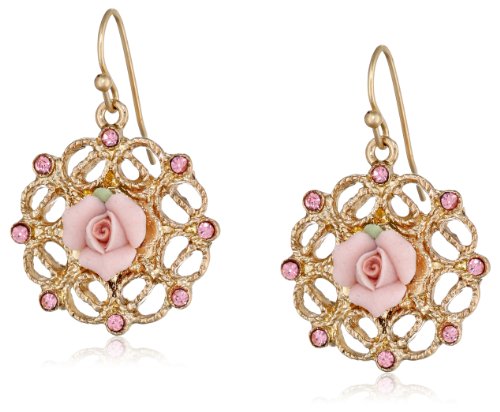 0011996247683 - 1928 JEWELRY GOLD TONE PINK PORCELAIN WITH LIGHT ROSE ACCENT FILGREE DROP EARRINGS