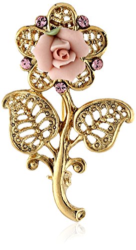 0011996319861 - 1928 JEWELRY GOLD-TONE PINK CRYSTAL AND PORCELAIN ROSE FILIGREE BROOCH