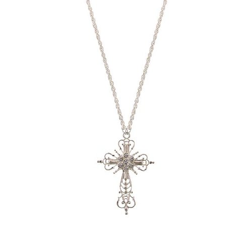 0011996511012 - 1928 JEWELRY JEWELED CROSS COLLECTION SILVER TONE CLEAR CRYSTAL LONG NECKLACE