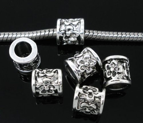 0012124639172 - 20PC ANTIQUE SILVER FLOWER CARVED PATTERN SPACER BEADS TUBE LARGE HOLE FITS E...
