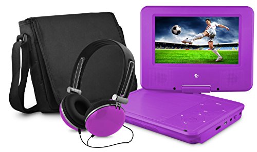 0012300213851 - DVD PLAYER, EMATIC 7 INCH SWIVEL PURPLE PORTABLE DVD PLAYER WITH MATCHING HEADPHONES AND BAG
