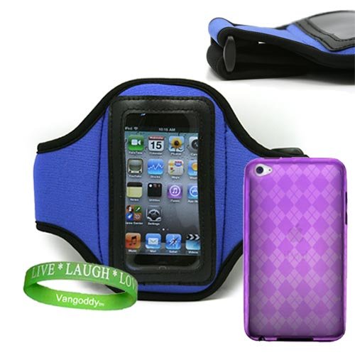 0012300475075 - QUALITY DARK BLUE NEOPRENE EXERCISE IPOD ITOUCH 4 ARMBAND AND PURPLE CRYSTAL TPU ARGYLE SKIN FOR APPLE ITOUCH 4 (16GB OR 32GB FLASH DRIVE) + VG BRAND LIVE * LAUGH * LOVE WRIST BAND!!!