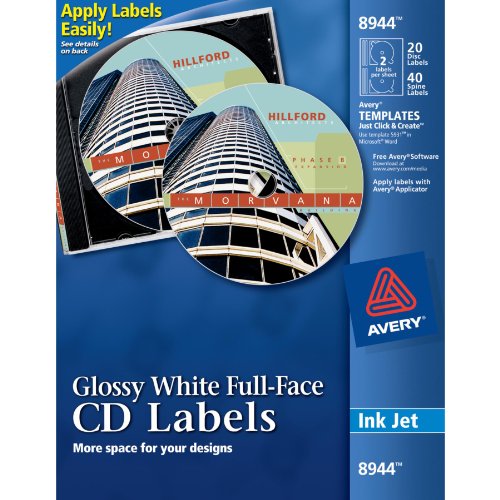 0012303147733 - AVERY FULL-FACE CD LABELS FOR INKJET PRINTERS, GLOSSY WHITE, 20 DISC LABELS AND 40 SPINE LABELS