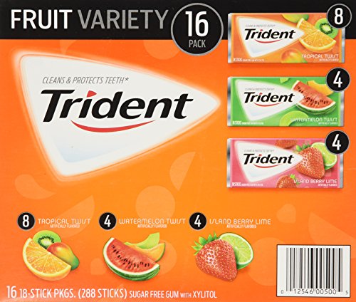 0012546005005 - TRIDENT SUGAR FREE GUM FRUIT VARIETY PACK - 16 PACKS OF 18 PIECES