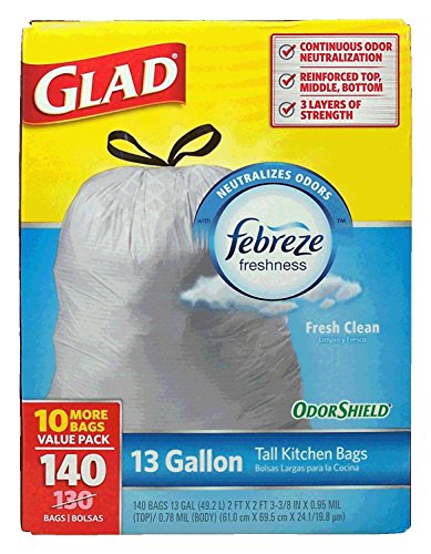 0012587787410 - GLAD FEBREZE FRESHNESS TALL DRAWSTRING KITCHEN BAGS, 13-GALLON SIZE, FRESH CLEAN, ODOR SHIELD, 140-COUNT IN A BOX