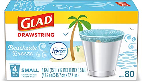 0012587791554 - GLAD ODORSHIELD SMALL DRAWSTRING TRASH BAGS, FEBREZE BEACHSIDE BREEZE,4 GAL,80 CT (PACKAGE MAY VARY)