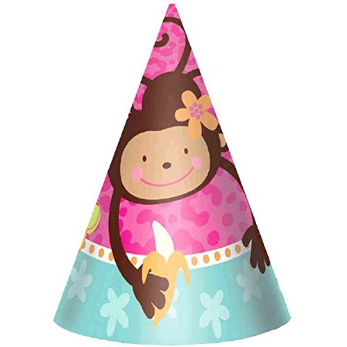 0013051348953 - AMSCAN SWEET MONKEY LOVE PAPER CONE BIRTHDAY PARTY HATS (8 PIECE), PINK/BLUE, 6