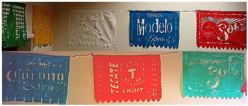 0013051469580 - MEXICAN BEERS CUTOUT BANNER PAPEL PICADO MULTICOLOR WITH 9 DIFFERENT COLORFUL DESIGNS 17 FEET LONG!