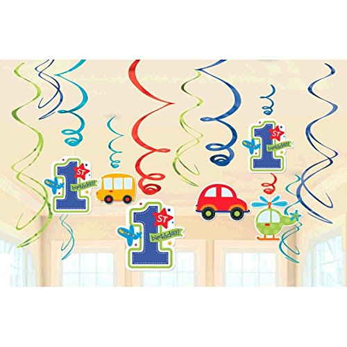 0013051497361 - AMSCAN ALL ABOARD BOY 1ST BIRTHDAY VALUE PACK FOIL SWIRL DECORATIONS, LARGE, BLUE/RED/GREEN