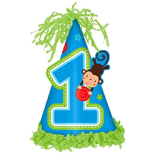 0013051504328 - AMSCAN ONE WILD BOY 1ST BIRTHDAY FRINGED PARTY CONE HAT, 7, BLUE/GREEN