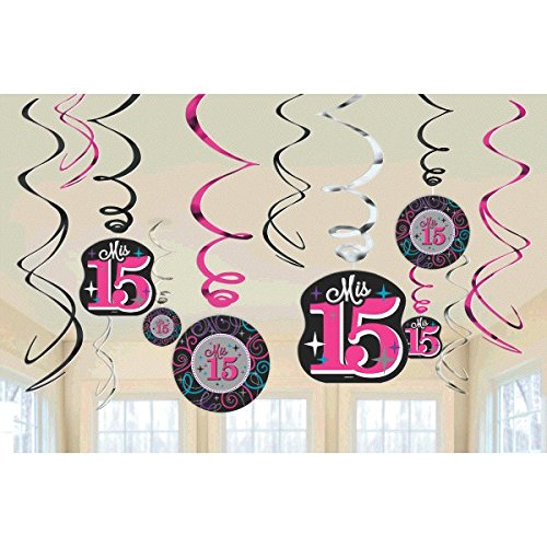 0013051533175 - AMSCAN ELEGANT MIS QUINCE AÑOS FOIL SWIRL VALUE PACK (12 PIECE), PINK/BLACK/GRAY, 7