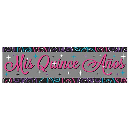 0013051533205 - AMSCAN ELEGANT MIS QUINCE AÑOS GIANT SIGN BANNER (1 PIECE), BLACK/GRAY/PINK, 65 X 20