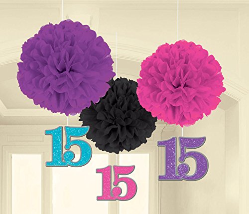 0013051533212 - AMSCAN ELEGANT MIS QUINCE AÑOS FLUFFY DECORATIONS WITH DANGLER (3 PIECE), PINK/PURPLE/BLACK, 16