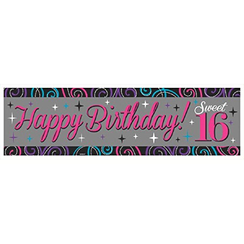 0013051539146 - AMSCAN CHIC SWEET SIXTEEN BIRTHDAY CELEBRATION PLASTIC GIANT SIGN BANNER (1 PIECE), SILVER/PINK/BLACK/PURPLE, 65 X 20