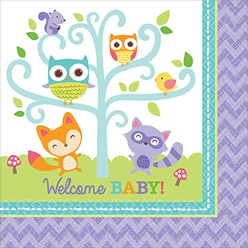 0013051558314 - AMSCAN LOVABLE WOODLAND WELCOME BABY LUNCH BIRTHDAY PARTY NAPKINS, 6.5 X 6.5, WHITE/MULTI