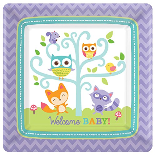 0013051558338 - AMSCAN LOVABLE WOODLAND WELCOME BABY SQUARE DESSERT PLATES, 7, WHITE/MULTI